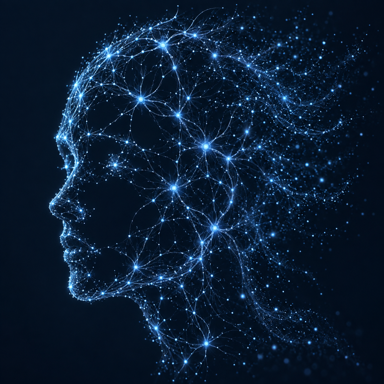 Abstract human face formed entirely from luminous neurons, branching synapses, and particles